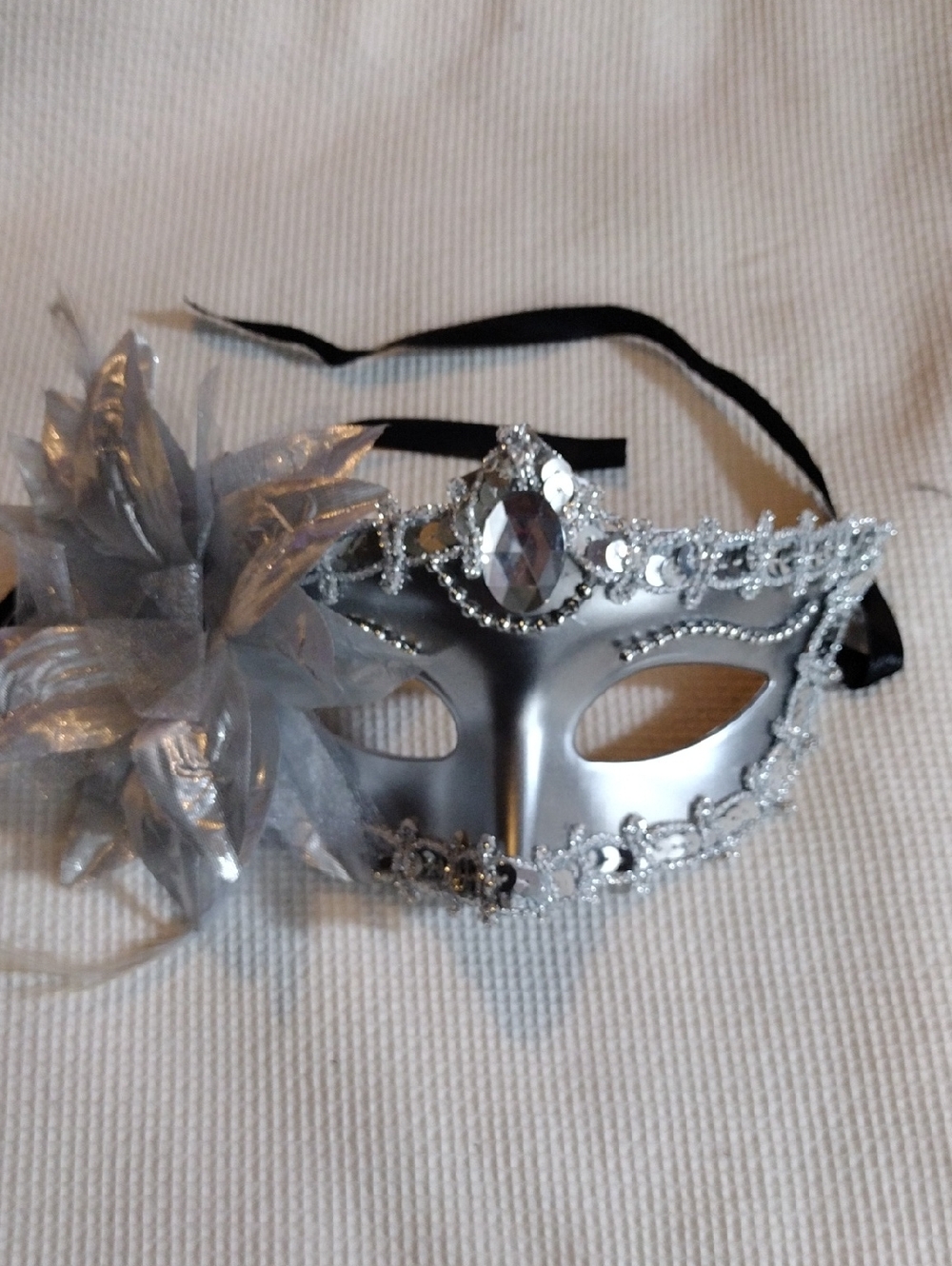 Silver Sequin Masquerade Mask with Fabric Flower